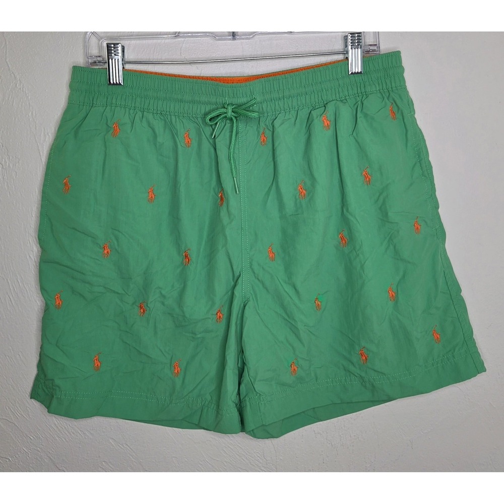 Polo Ralph Lauren Swim Shorts Men's Medium Green All Over Print Orange Pony Logo
